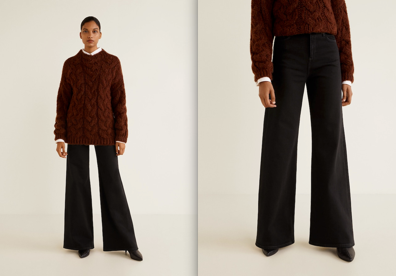 Otros vaqueros para marcar distancia gracias a su diseño súper especial: estos flare negros, con la cintura alta y pernera casi gigante (27,99 euros). Le aportarán un extra de sofisticación a tu look si los combinas con un top lujoso, aunque con un jersey oversize van perfectos para el día a día en la oficina.