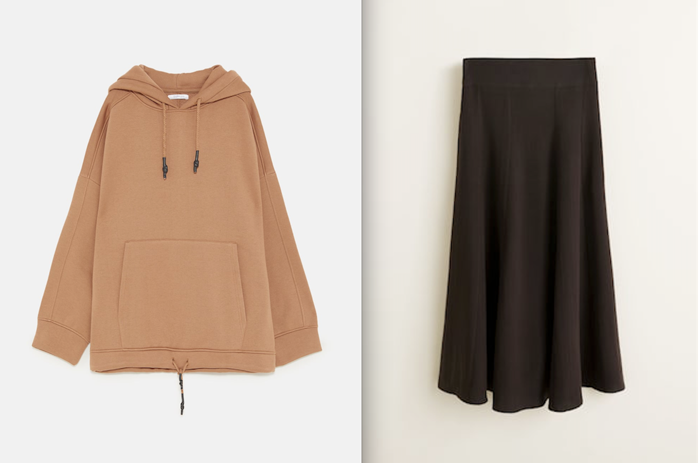 Esta falda algo más larga de Mango (39,99 euros) es perfecta para llevar con botas altas y, por ejemplo, esta sudadera oversize y tipo canguro de Zara que juega en la misma gama de color (25,95).
