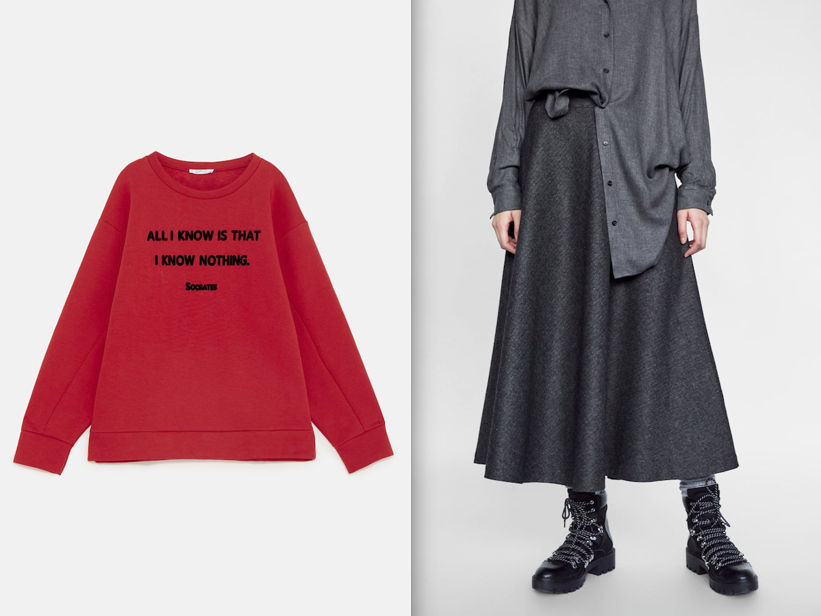 Para jugar al contraste de color, esta falda de espiga gris súper versátil de Zara (35,95 euros) va de maravilla con esta sudadera en rojo intenso con una frase de Sócrates (Zara, 17,95 euros).