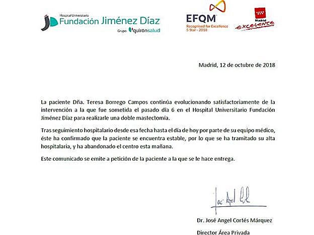 El Hospital Universitario Fundación Jiménez Díaz ha emitido un comunicado.
