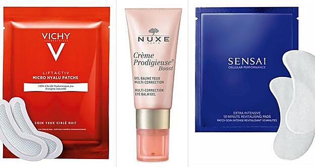 1. Liftactiv Micro Hyalu Patchs Soin Yeux Ciblé Nuit de Vichy (20 €). 2. Crème Prodigieuse Boost Gel-Bálsamo Contorno de Ojos Multi-Corrección de Nuxe (29,50 €). 3. Cellular Performance intensivo 10 minute Revitalising Pads de Sensai (133 €).