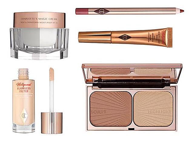 Paleta de Contouring Filmstar Bronze & Glow (65,55 €). / Prebase Hollywood Flawless Filter (40,55 €). / Matte Revolution en tono Amazing Grace (32,55 €). / Charlotte’s Magic Cream (90,55 €). / Iluminador Hollywood Beauty Light Wand (35,55 €). / Delineador de labios Lip Cheat (22,55 €)..