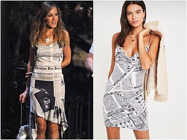 Carrie Bradshaw con vestido de estampado 'newspaper'.