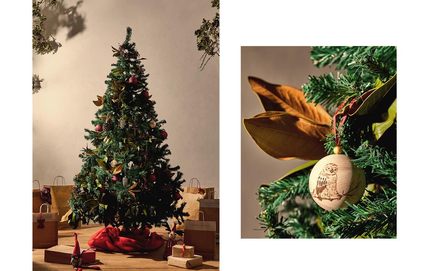 Una opción mucho más tradicional de árbol de Navidad, con el rojo, la madera y los detalles dorados como protagonistas. Las bolas talladas cuestan 4.99 euros en Zara Home.