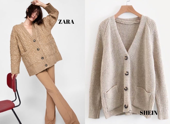 Cardigan oversize con forma de trenza: 39,95 euros en Zara. Cárdigan de manga larga con botones de Shein: 18 euros.