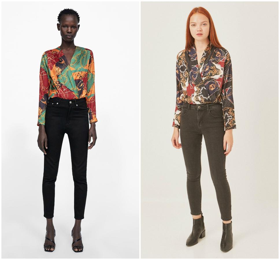 Este body cruzado de estampado de cadenas cuesta 29.95 euros en Zara (izquierda) y 13.99 euros en Mulaya (derecha).