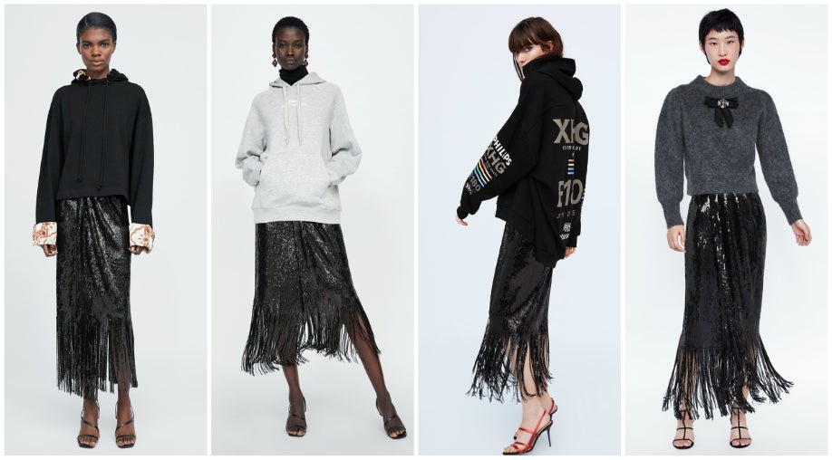 Esta falda de lentejuelas y flecos es una de las más elegantes y sofisticadas de la colección de fiesta de Zara. Es perfecta para cualquier cita especial de noche, e incluso para ir a una boda. Nos encanta con un top lencero, con una blusa imponente e incluso con una blusa blanca. Pero también nos la pondríamos en un look de día combinada con una sudadera 'oversize' e, incluso, con zapatillas blancas.