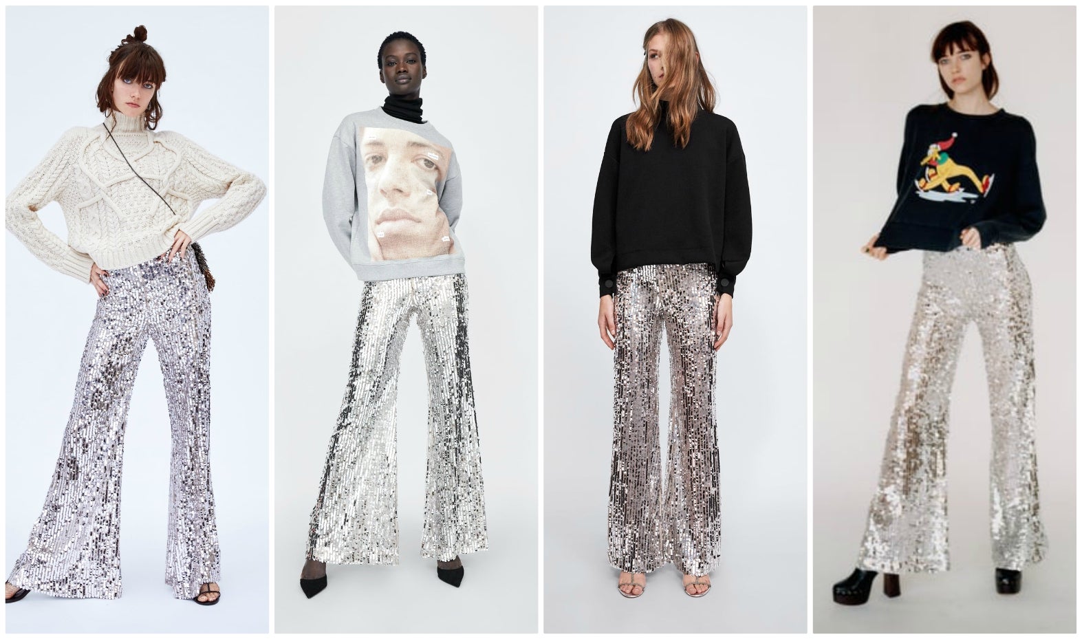 Sí, no podemos negar que estos pantalones de lentejuelas plateadas al más puro estilo 'Studio 54' son una de las apuestas más arriesgadas de la nueva colección de Zara. Muy setenteros y llamativos, sin embargo, les restarás extravagancia si los combinas, como en el lookbook de la firma, con jerseys de punto gordo e incluso con sudaderas.
