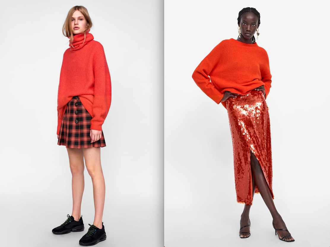 En Zara tienen claro que el naranja es uno de los colores clave este invierno, porque llevan desde el principio de la temporada ofreciendo prendas fantásticas en este color. Aquí vemos dos faldas, una mini en cuadros escoceses (22,95 euros) y una midi de lentejuelas (29,95 euros), acompañadas por sendos jerséis (29,95 euros y 25,95 euros) de lana suave y estilo "oversize".
