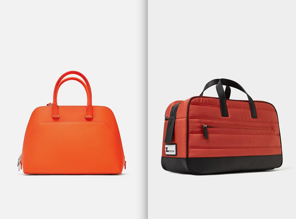 El bolso naranja es un detalle clave de este estilismo de contraste, por eso mejor cuanto mayor sea su tamaño. Estas dos opciones de Zara son bastante sensatas: un "city" clásico monocolor (19,95 euros) y un "bowling" unisex (29,95 euros).