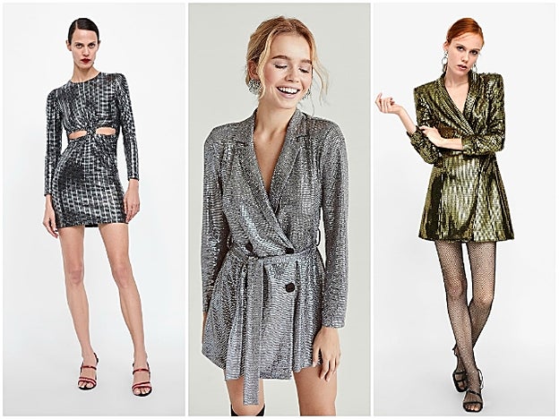 A la izquierda, vestido cut out de Zara, 29.95 euros; en el centro, vestido plateado de Stradivarius, 39.99 euros; y a la derecha, vestido blazer dorado de Zara, 59.95 euros.
