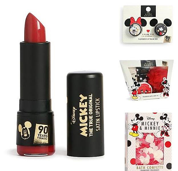 1. Mickey Satin Lipstick. 2. Mickey Flavoured Lip Balm Duo. 3. Mickey&Minnie Set de ducha. 4. Mickey&Minnie Bath Confetti. Todo de Primark.