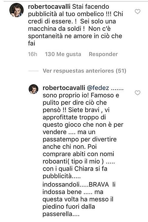 Los dos comentarios de Roberto Cavalli en la imagen de Ferragni.