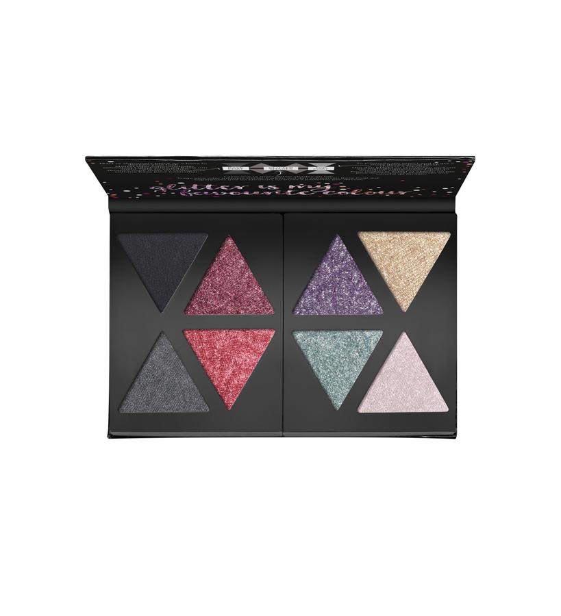 Esta paleta incluye dos bases, negro mate y negro nacarado, cuatro colores intensos y brillantes con alta cobertura y dos ‘top coat ’con efecto ‘glitter’. The Glitterizer Mix n’ Match Eyeshadow Palette de Carice (7,99 €).