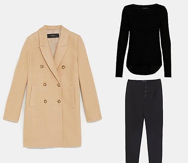 1. Abrigo cruzado con botones de Zara ( 49,95 euros) / 2. Jersey de punto n color negro de Only (21,99 euros) / 3. Pantalones rectos con pinzas de Zara (19,95 euros).