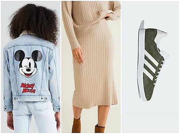 1. Cazadora Levi's x Mickey Mouse. 2. Falda Midi de Mango. 3. Zapatillas Gazelle de Adidas.