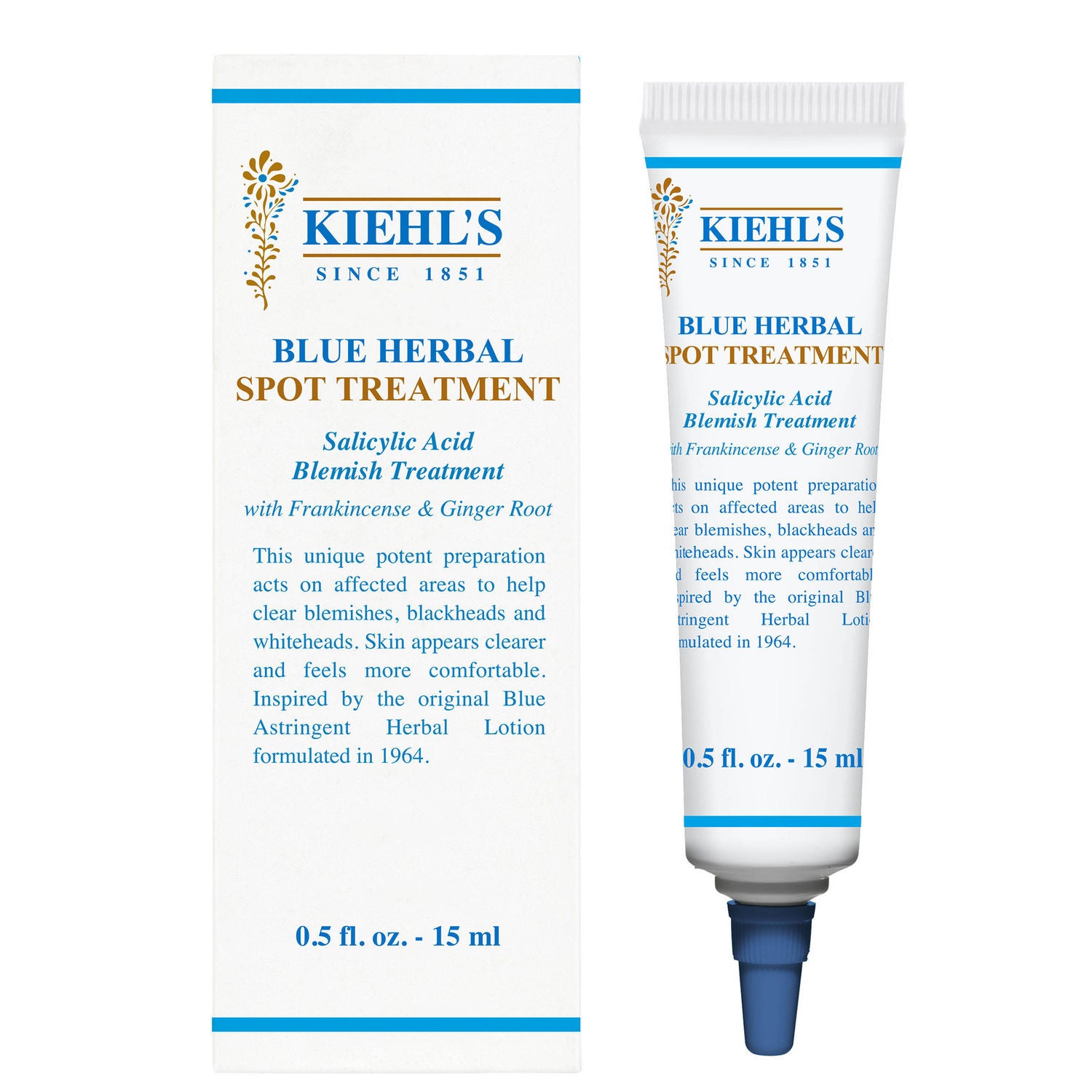 Blue Herbal Spot Treatment de Kiehl's. (19,95 euros). Este gel suave y eficaz está compuesto por acido salicilico, jengibre y olíbano, tres ingredientes muy potentes que actúan de inmediato en las imperfecciones de la piel.