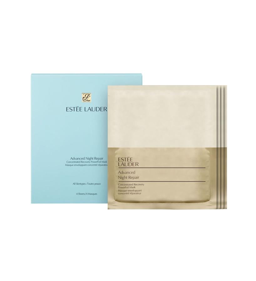 Nueva lámina Powerfoil de papel de aluminio que crea una barrera protectora , permitiendo que potentes tecnologías actúen directamente en la piel. Cada tratamiento ofrece una hidratación extra en la piel, al tener una dosis doble de ácido hialurónico de Advanced Night Repair. 4 mascarillas (103 €).