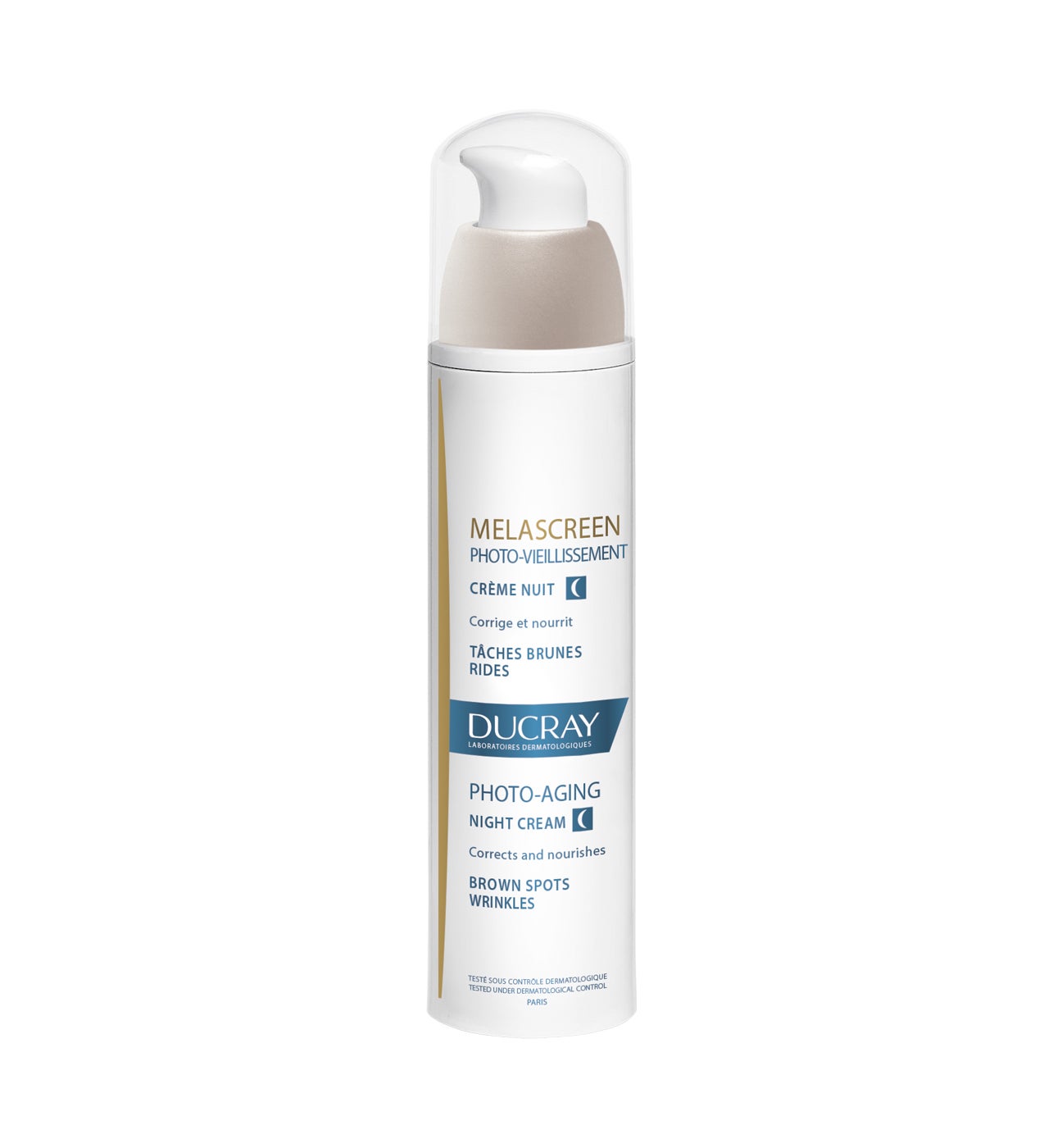 Trata las manchas oscuras y los os signos del fotoenvejecimiento, como las arrugas, se atenúan. La piel recupera su luminosidad y muestra un aspecto uniforme.  Melascreen Crema de Noche de Ducra y (34,19 €).