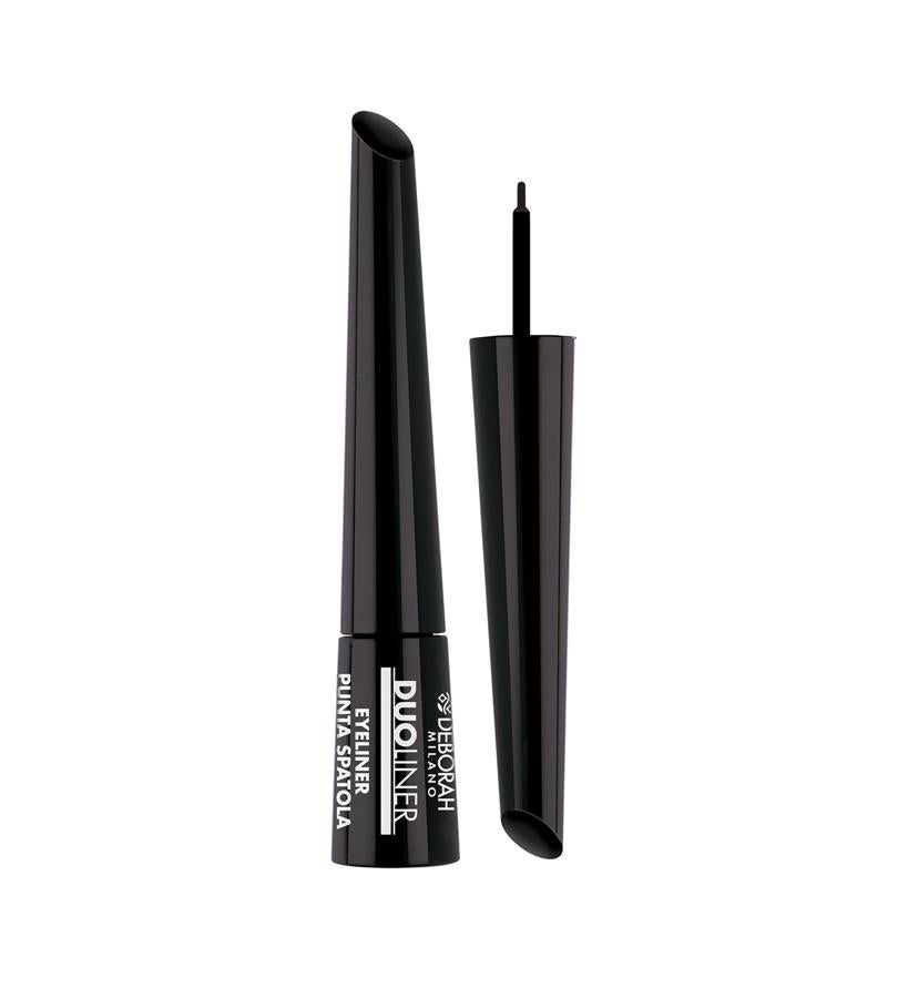 Eyeliner líquido con punta en forma de espátula de fácil uso incluso para las inexpertas: con el lado fino traza líneas finas, con el lado plano, rellena o creamos líneas gruesas. (11,05 €).