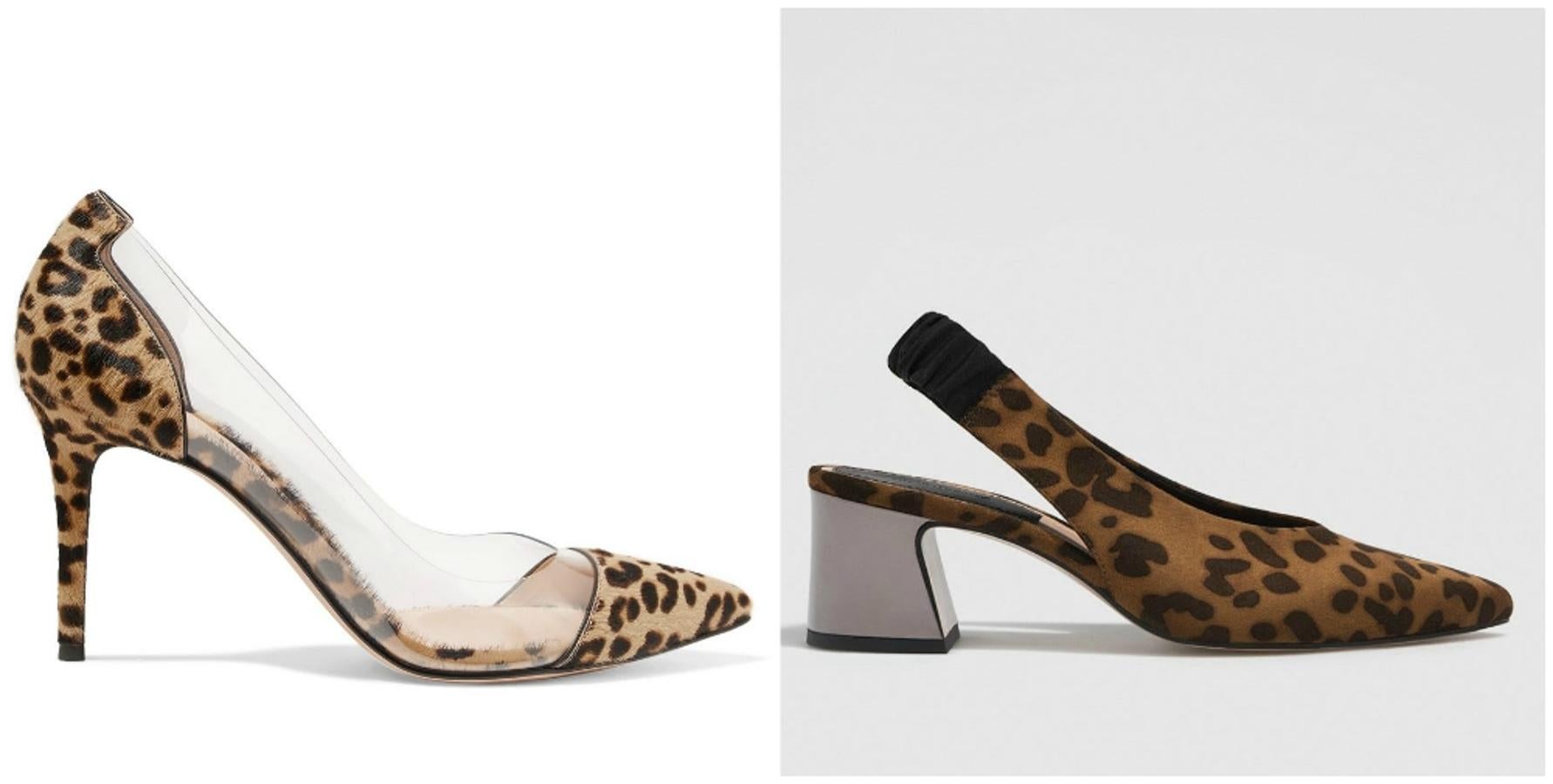 Los salones 'animal print' con detalle de vinilo que lleva Meghan Markle están agotados en el acabado de cebra, pero los de leopardo cuestan lo mismo: 498 euros. La versión destalonada de Stradivarius están en las rebajas por 15.99 euros.