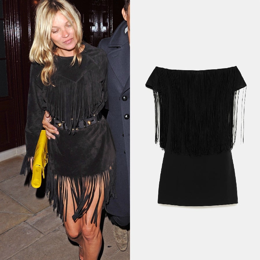 El estilo más tejano de la top model lo hemos reflejado en este vestido de flecos de Zara perfecto para tus looks más fiesteros. (15,99 euros).