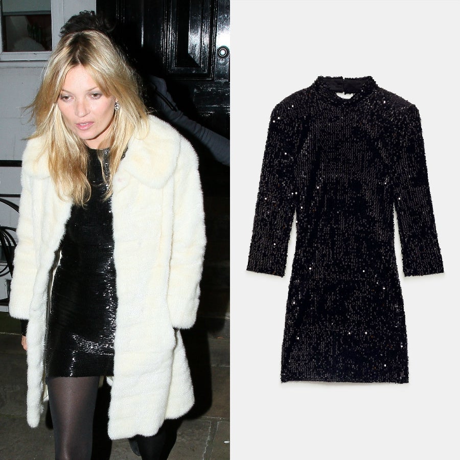 El vestido mini de lentejuelas es una de las prendas de fiesta protagonista de la temporada. Kate Moss lo conjuntó con un abrigo peluche y unas medias cristal. Puedes encontrarlo en Zara por 19,99 euros.