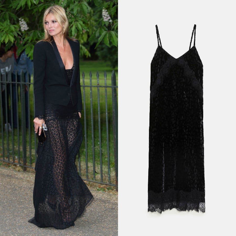 Una de las tendencias más arriesgada de la temporada de Zara es este vestido que combina encaje, terciopelo y leopardo. (17,99 euros). Después de vérselo a Kate Moss ahora lo entendemos todo.