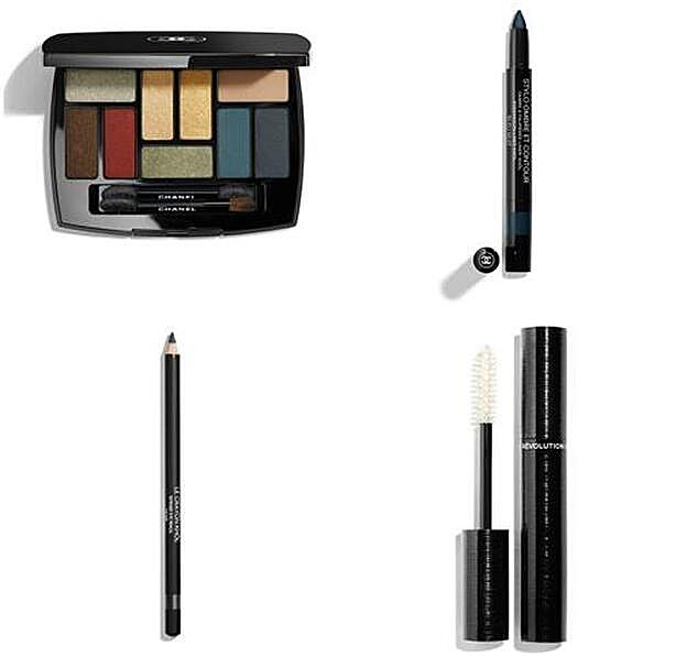 1. Paleta de sombras LES 9 OMBRES Édition n°2: Quintessence. (80 euros). 2. Lápiz de ojos 3 en 1 Stylo Ombre Et Contour. 3. Lápiz de ojos Khôl. 4. Máscara de pestañas Le Volume Révolution. (Todo de Chanel).