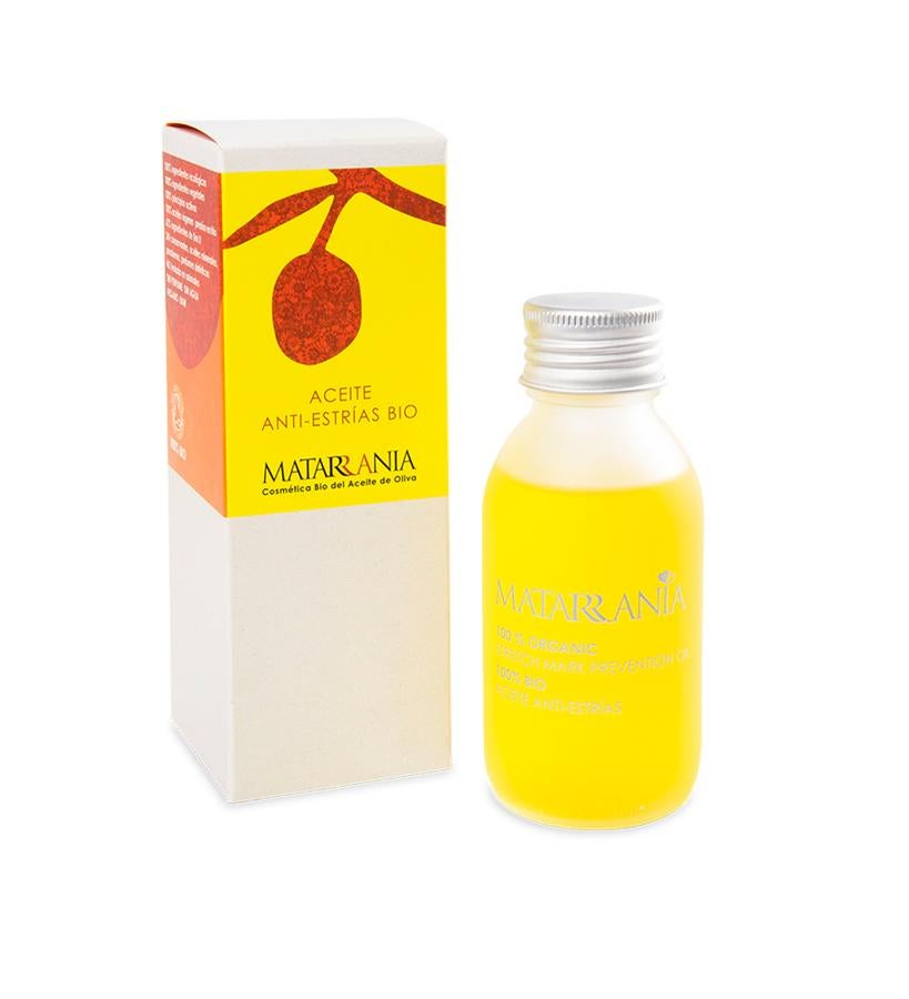 Previene la aparición de estrías especialmente en periodos como el embarazo, la adolescencia, cambios súbitos de peso y pérdida de elasticidad en general. Favorece la flexibilidad y firmeza de la piel, dejándola tersa, suave y nutrida. Formulado con aceite puro de oliva y sin fragancias para la total tranquilidad de la mamá embarazada. Aplicar unas gotas sobre las manos y extender en las zonas vulnerables con un firme masaje circular ascendente, hasta dos veces al día si se considera necesario. (18,50 €).