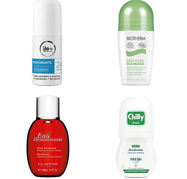1. Desodorante 24h sin aluminio de Be+ (10,20 euros). 2. Deo Pure Natural Protect de Biotherm (26 euros). 3. Desodorante Suave Eau Dynamisante de Clarins (23 euros). 4. Desodorante Fresh Roll-on de Chilly (2,99 euros).