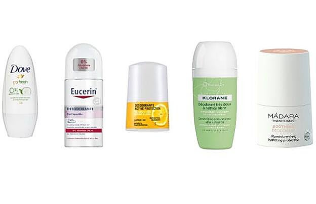 1. Desodorante 0% Pepino y Té verde Roll-on de Dove (2,44 euros). 2. Desodorante Roll-on 0% aluminio de Eucerin (5,80 euros). 3. Desodorante active Protection de Freshly (14 euros). 4. Desodorante Muy Suave a la Altea Blanca de Klorane (10 euros). 5. Soothing Deodorante de Mádara (13,90 euros).