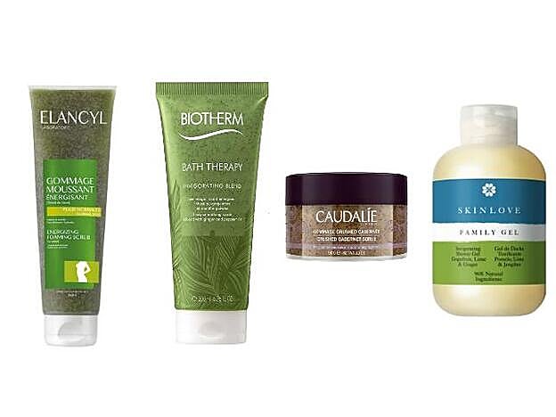 1. Gel Exfoliante Energizante de Elancyl (16,30 €). 2. Bath Therapy Gommage Lissant Invigorating Blend de Biotherm (20 €). 3. Exfoliante Gommage Crushed Cabernet de Caudalie (25,20 €). 4. Family Gel de Ducha Tonificante Pomelo, Lima &amp; Jengibre de Skinlove (15,90 €).