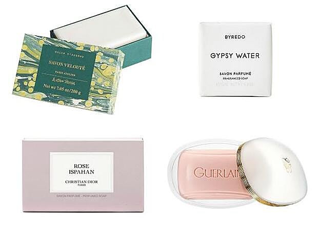 1. Huile D’Amande Sabon Velouté de &amp;Other Stories. (9 €). 2. Savon Parfumé Gypsy Water de Byredo (20 €). 3. Jabón perfumado Rose Ispahan de la colección Maison Christian Dior, de Dior (35 €). 4. Jabón Perfumado Shalimar de Guerlain (29 €).