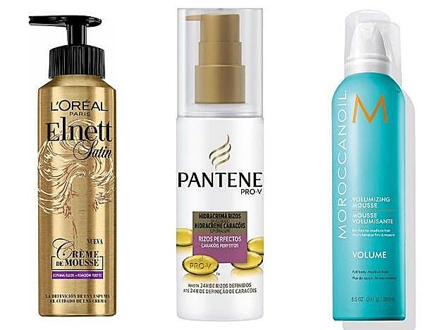 1. L'Óreal Paris Elnett Mousse Fijación Rizos (11,87 euros). 2. Pantene Pro-V Rizos Perfectos Hidracrema. (3,48 euros). 3. Mousse Moroccanoil volumen rizos. (28,72 euros).