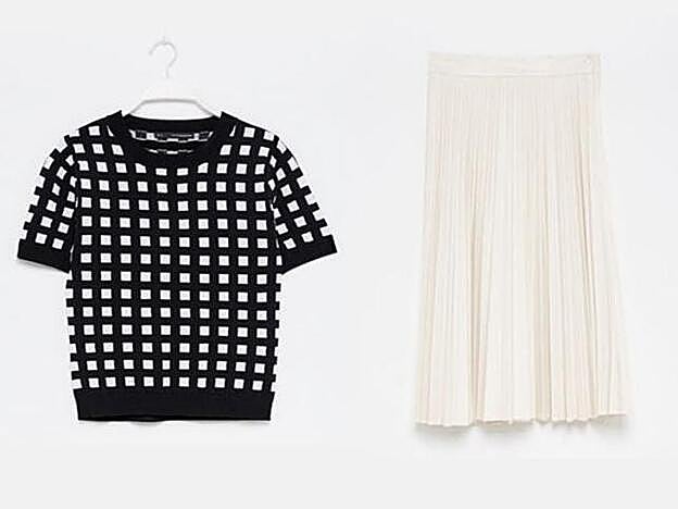 1. Jersey de manga corta y con estampado de cuadros, 19,99 euros / 2. Falda de polipiel midi en color blanco roto, 39,99 euros.