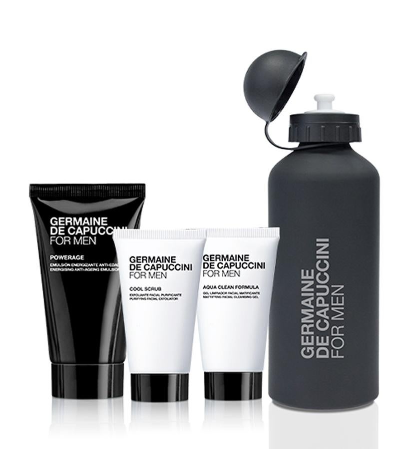 La marca italiana ofrece la posibilidad de crear un pack personalizado para para cuidar, proteger, y preservarla juventud de la piel masculina. Este incluye una emulsión energizante antiedad, un exfoliante facial purificante, un gel limpiador matificante y una botella de aluminio con acabado de caucho.  Pack especial Día del Padre Powerage de Germaine de Capuccini  (46,50 €).