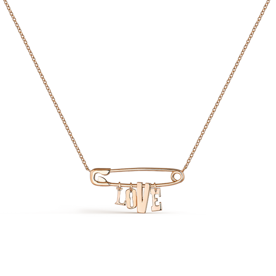 Colgante imperdible Love is a four letter word, en oro rosa de 18 quilates (990 €).