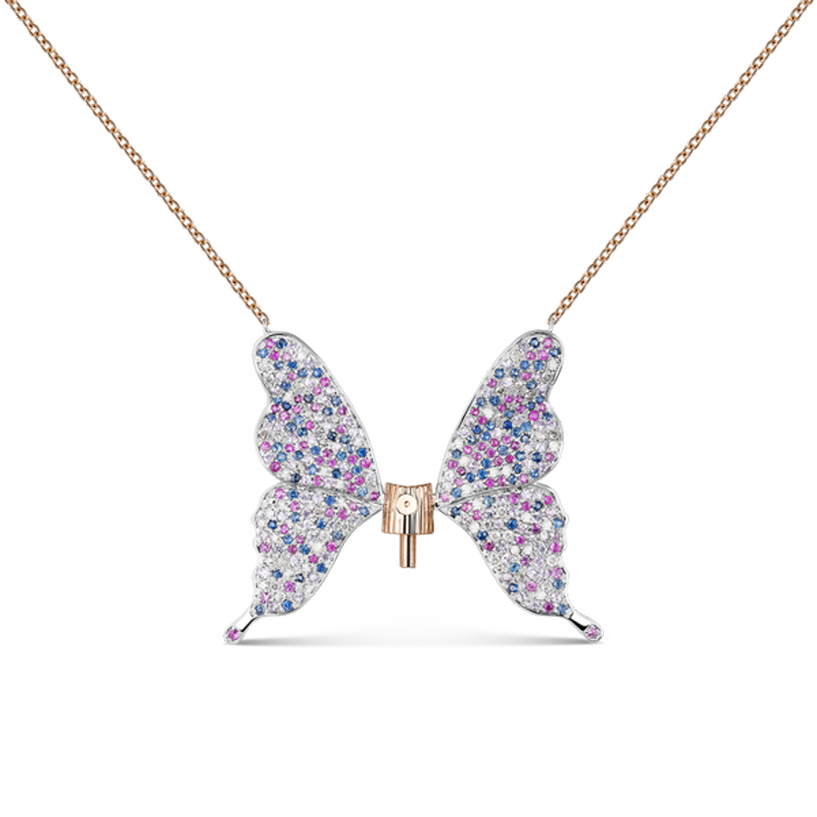 Colgante Splutterflies, hecho de oro rosa y blanco de 18 quilates con pavé de zafiros multicolor y diamantes talla brillante (3.450 €).