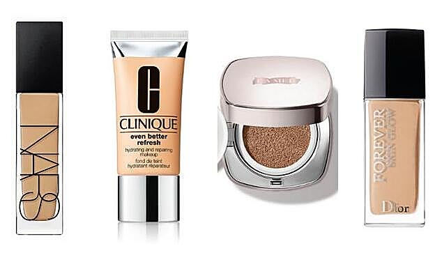 1. Natural Radiant Longwear Foundation de NARS (46,50 €). 2. Even Better Refresh Hydrating & Repairing Makeup de Clinique (41 €). 3. The Luminous Lifting Cushion Foundation de La Mer (95 €). 4. Diorskin Forever Skin Glow de Dior (51 €).