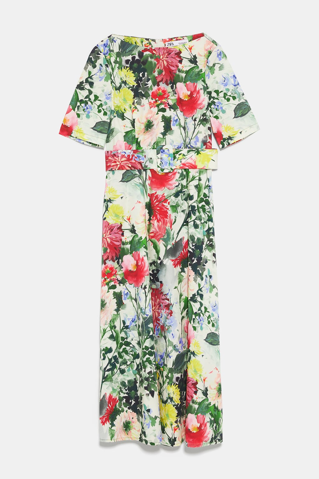 Vestido con estampado floral y cinturón a juego de Zara: 49,95 euros.
