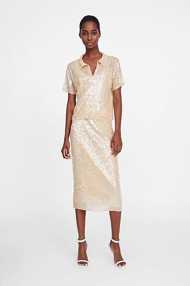 1. Camiseta de lentejuelas 25,95 euros. /2. Falda midi con aplique de lentejuelas a juego en tono champagne, 25,95 euros.