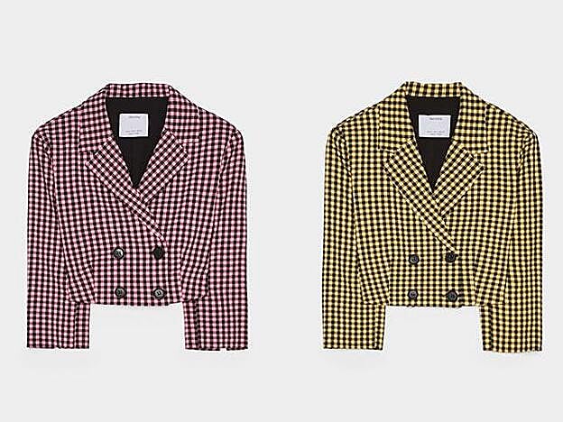 Blazer cropped con estampado de cuadros vichy en color rosa o amarillo (25,99 euros).