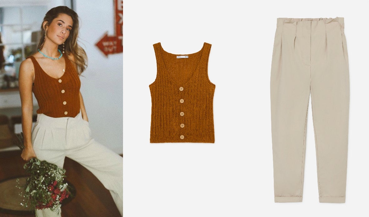 Effortless y sexy, así denominaríamos  el look de María Pombo  perfecto para la primavera. Total look de Lefties: top de punto con botones (12 euros) y pantalones rústicos (17,99 euros).