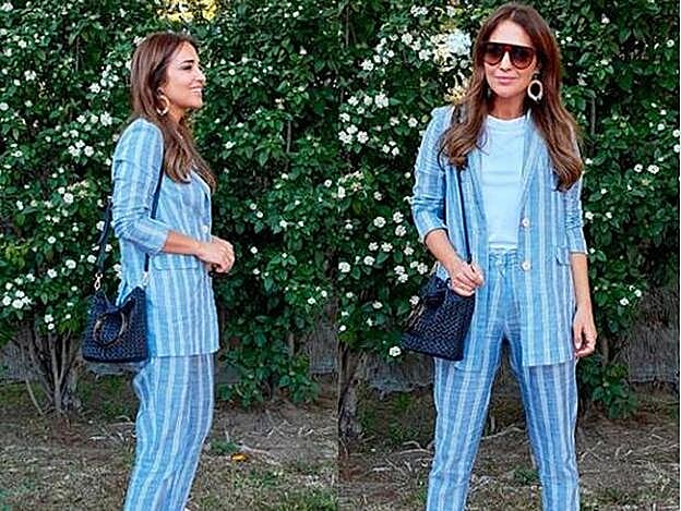 Paula Echevarría ha posado en su perfil de Instagram con un traje de chaqueta de rayas firmado por Mango.