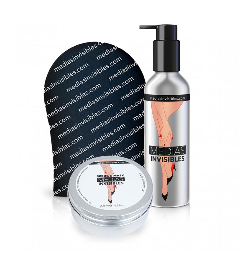 Los imprescindibles para lucir piernas con la ilusión de unas medias invisibles. Exfoliante específico para las piernas con múltiple acción ya que además de eliminar las células muertas actúa como mascarilla hidratando y dejando un aspecto aterciopelado. Además contiene activos que mejoran la microcirculación, alivian las piernas cansadas y preparan la piel para mejorar el resultado de Medias Invisibles. Guante Aplicador Profesional: el recomendado por los profesionales para conseguir un acabado perfecto. Maquillaje corporal con efecto media con sutiles partículas reflectoras de la luz. Contiene activos anticelulíticos y reafirmantes. (73 €).