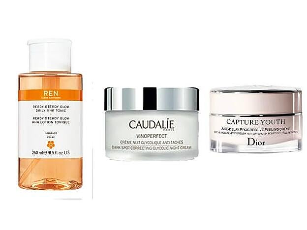 1. Ready, Steady Glow AHA Tonic de REN (44 euros). 2. Vinoperfect Crema de Caudalie (33,60 euros). 3. Capture Youth Age Delay Progressive Peeling Crème de Dior (97 euros).