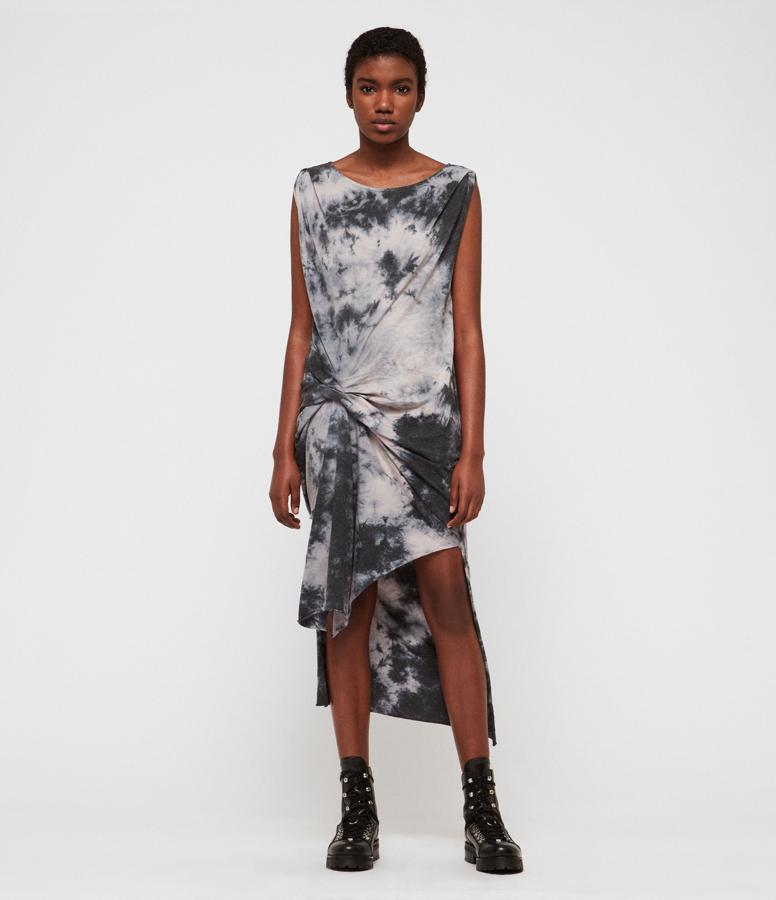 Vestido asimétrico con estampado 'tie dye'  de All Saints (125 euros).
