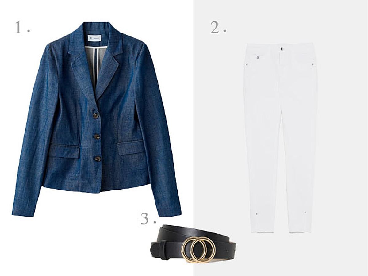 1. Chaqueta estilo blazer denim de La Redoute (29,99 euros) / 2. Jeans skinny con abertura en el bajo en color blanco de Zara (25,95 euros) /3. Cinturón fino negro de H&M (7,99 euros).