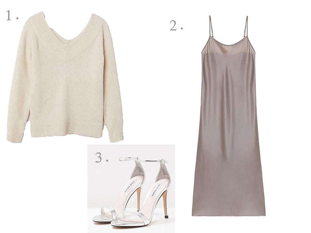 1. Jersey con cuello de pico de H&M (19,99 euros) / 2. Vestido largo satinado de Intimissimi (119,90 euros) / 3. Sandalias de tacón en color plateado de Steve Madden (79,95 euros).